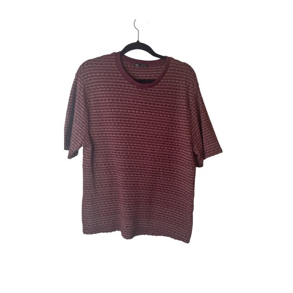 2/$30 Zara Large Burgundy Womens Striped Short Sleeve Polyester & Cotton - Picture 10 of 12